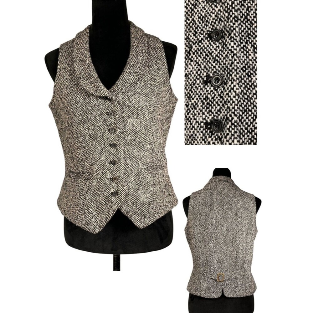 Isabella Bird Tweed Vest Black White Wool Woven Textured Gray Waistcoat Jacket